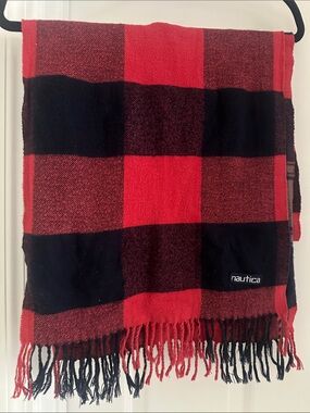 Nautica Red and Black Plaid Fringe Scarf
